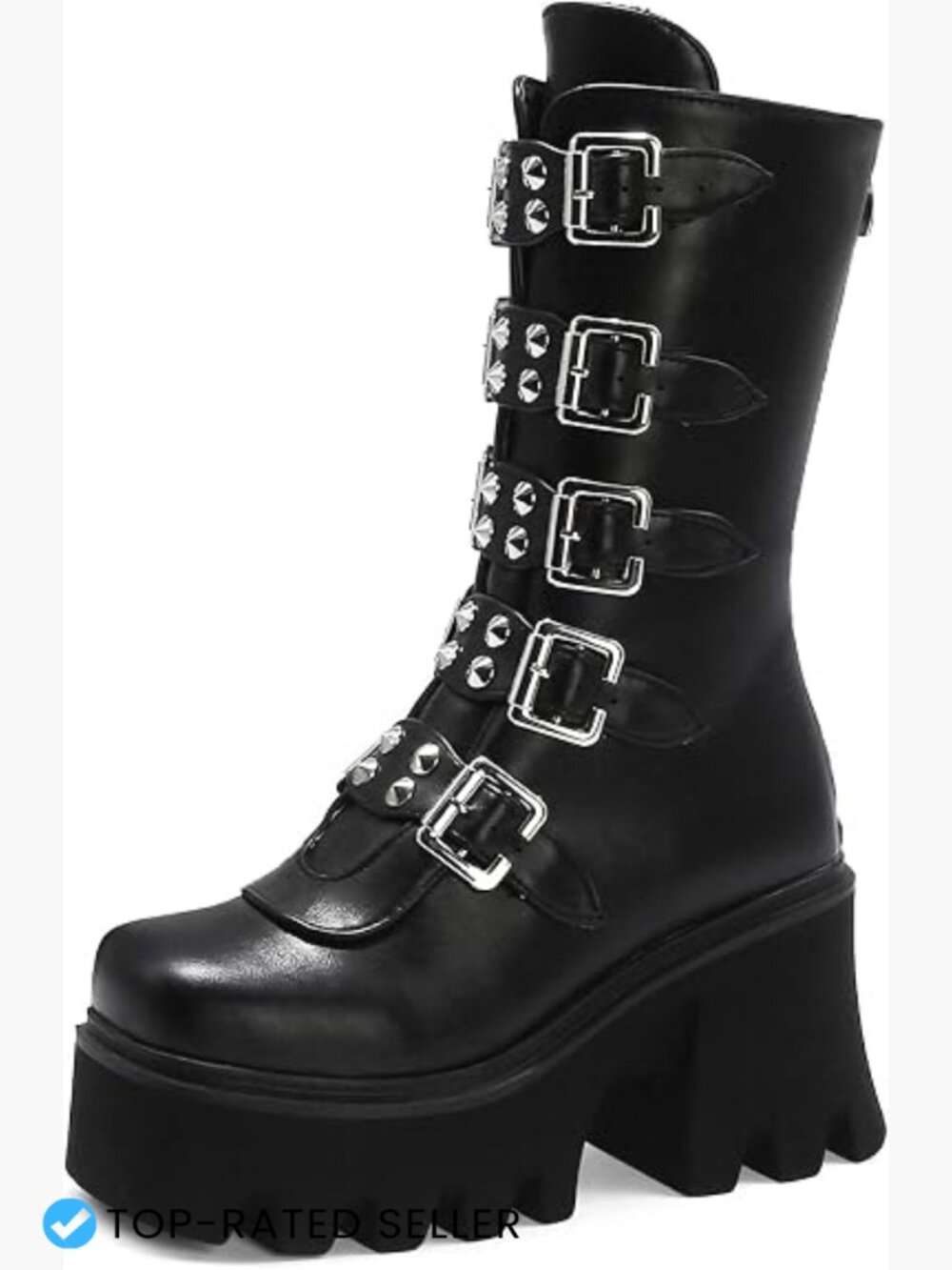Mid Calf Combat Boots Chunky Platform Square Toe Goth Punk with Buckle Strap - Picture 1 of 7